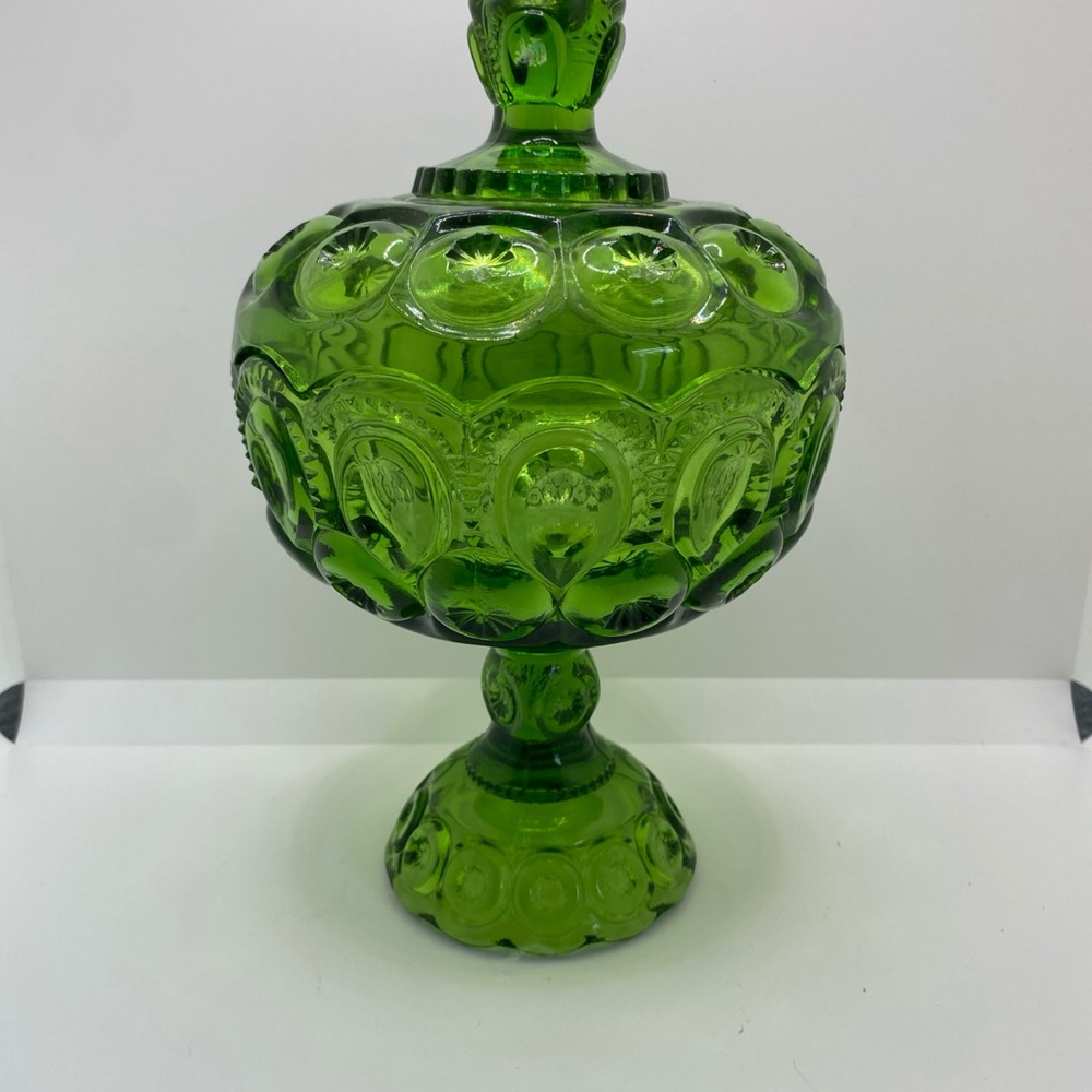 Vintage Peridot Emerald Green Glass LE Smith Moon & Stars Lidded Candy Dish 10"